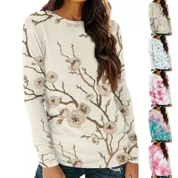 Женская рубашка с длинным рукавом и круглым вырезом, футболка с цветочным принтом, повседневный приталенный топ M