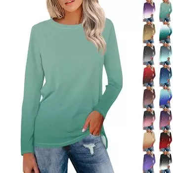 Женская рубашка с длинным рукавом и круглым вырезом с градиентным принтом, базовая футболка, повседневные осенние топы L чёрный