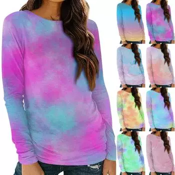 Женская рубашка с длинным рукавом и круглым вырезом, футболка с градиентным принтом, повседневный приталенный топ L жёлтый