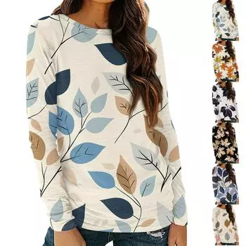 Женская рубашка с длинным рукавом и круглым вырезом, базовая осенняя футболка с принтом дефолиации, повседневный облегающий топ XXXL