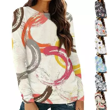 Женская рубашка с длинным рукавом и круглым вырезом, базовая осенняя футболка с принтом в горошек, повседневный приталенный топ XXL хаки