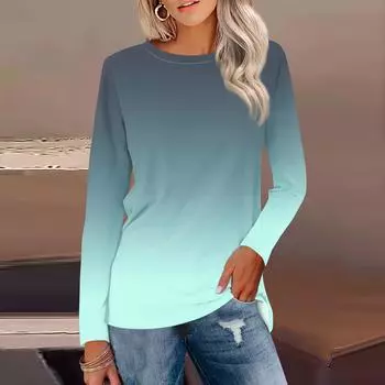 Женская рубашка с длинным рукавом и круглым вырезом с градиентным принтом, базовая футболка, повседневные осенние топы L
