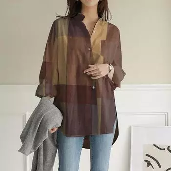 Женская рубашка с длинным рукавом и отложным воротником, винтажная клетчатая блузка, мешковатые топы 5XL синий