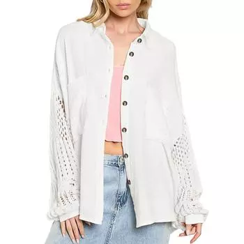 Женская рубашка с длинным рукавом и отложным воротником, однобортная, с пуговицами, с открытыми рукавами M белый