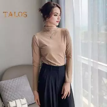 Женская рубашка с длинным рукавом и полувысоким воротником, облегающая рубашка из эластичного однотонного материала для повседневной носки на работе хаки