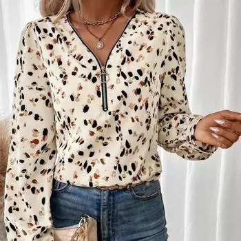 Женская рубашка с длинным рукавом и принтом на молнии с V-образным вырезом, блузка, топ S белый