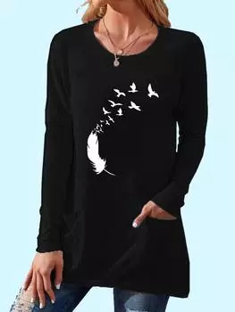 Женская рубашка с длинным рукавом и принтом, повседневные топы с круглым вырезом и карманом, весенне-осенний модный женский свободный топ S белый
