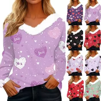Женская рубашка с длинным рукавом и принтом в виде сердца ко Дню святого Валентина, повседневная свободная футболка с V-образным вырезом, топы XXXL красный