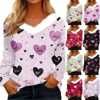 Женская рубашка с длинным рукавом и принтом в виде сердца ко Дню святого Валентина, повседневная свободная футболка с V-образным вырезом, топы XXXL