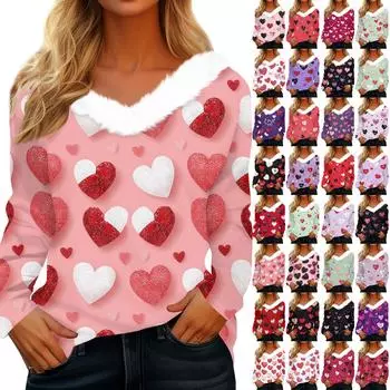 Женская рубашка с длинным рукавом и принтом в виде сердца ко Дню святого Валентина, повседневная свободная футболка с V-образным вырезом, топы L темно-фиолетового
