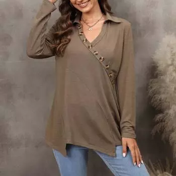 Женская рубашка с длинным рукавом и v-образным вырезом на пуговицах, однотонная блузка, топы, рубашки на пуговицах с длинными рукавами, топы XL кофейный