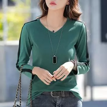 Женская рубашка с длинным рукавом и v-образным вырезом, весенняя корейская новая тонкая женская футболка, хлопковые женские повседневные лоскутные топы размера плюс XXXL чёрный