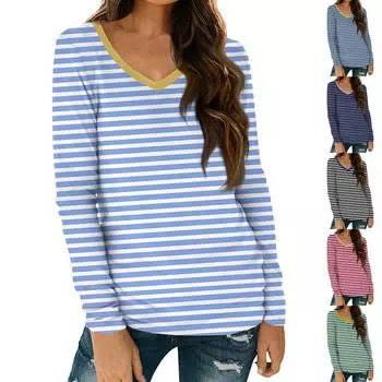 Женская рубашка с длинным рукавом и V-образным вырезом в полоску с принтом, базовая футболка, повседневные осенние топы L чёрный