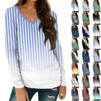 Женская рубашка с длинным рукавом и V-образным вырезом, с принтом в полоску, базовая футболка, повседневные осенние топы XXXL зелёный