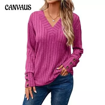 Женская рубашка с длинным рукавом и V-образным вырезом, однотонный пуловер на пуговицах, осенне-зимняя S чёрный