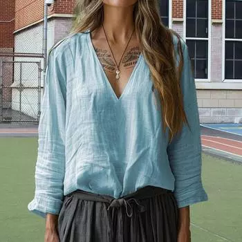 Женская рубашка с длинным рукавом и V-образным вырезом, однотонная, повседневная, свободного кроя, универсальная блузка, повседневная, для работы, вечеринок S верблюд