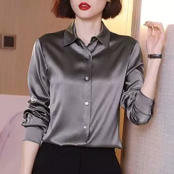 Женская рубашка с длинным рукавом из искусственного шелка, весенне-осенняя атласная блузка, офисная рубашка на пуговицах с лацканами, белая, черная L белый
