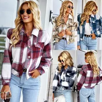 Женская рубашка с длинным рукавом, клетчатая повседневная твидовая рубашка на пуговицах, топы бойфренда, куртка с рубашкой с карманом S чёрный