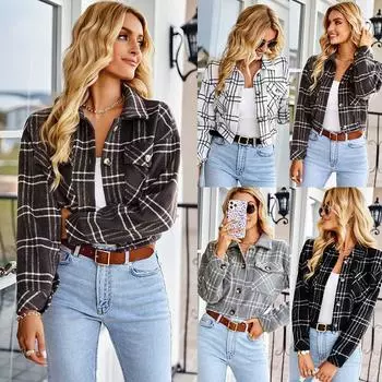Женская рубашка с длинным рукавом, клетчатая повседневная твидовая рубашка на пуговицах, топы бойфренда, куртка с рубашкой с карманом S серый