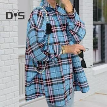 Женская рубашка с длинным рукавом, клетчатым принтом, свободным кроем, карманом-клапаном, планкой на пуговицах, рубашка средней длины S оранжевый/красный