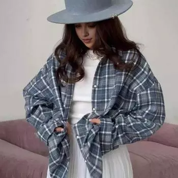 Женская рубашка с длинным рукавом, клетчатым принтом, отворотом, свободный крой, карман с клапаном S синий/розовый