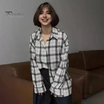 Женская рубашка с длинным рукавом, клетчатым принтом, свободным кроем, карманом-клапаном, планкой на пуговицах, рубашка средней длины S розовый/синий