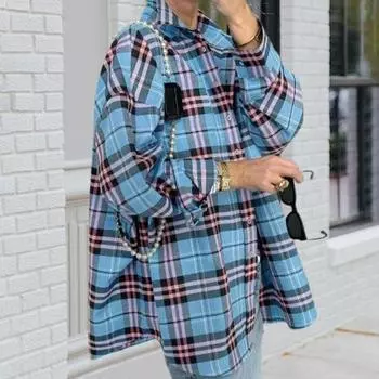 Женская рубашка с длинным рукавом, клетчатым принтом, свободным кроем, карманом-клапаном, планкой на пуговицах, рубашка средней длины S розовый/синий