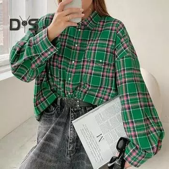Женская рубашка с длинным рукавом, клетчатым принтом, однобортная рубашка с отворотом, свободный крой, карманы с клапанами S светло-синий
