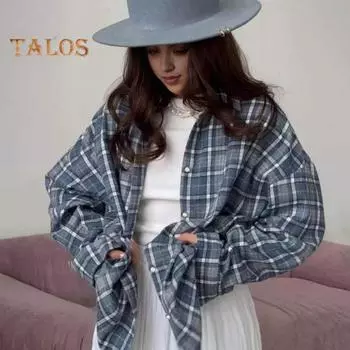 Женская рубашка с длинным рукавом, клетчатым принтом, свободным кроем, карманом-клапаном, планкой на пуговицах, рубашка средней длины S черный белый