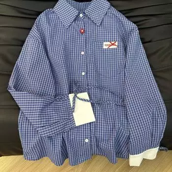 Женская рубашка с длинным рукавом, контрастная клетчатая рубашка, повседневные топы в корейском стиле, минималистичный стиль для поездок на работу, женская одежда L синий