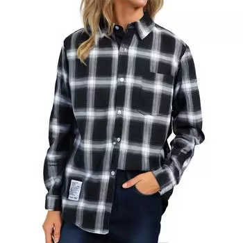 Женская рубашка с длинным рукавом на пуговицах, куртка с карманом L чёрный