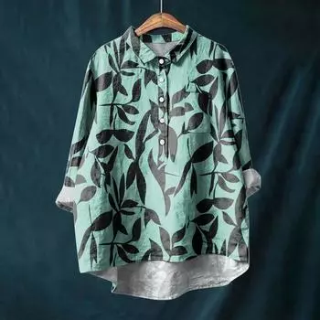 Женская рубашка с длинным рукавом, на пуговицах, винтажный цветочный принт, повседневный подол, неровный, рубашечный воротник, топ L
