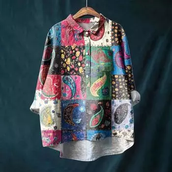 Женская рубашка с длинным рукавом, на пуговицах, винтажный цветочный принт, повседневный подол, неровный, рубашечный воротник, топ XL