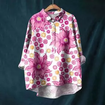 Женская рубашка с длинным рукавом, на пуговицах, винтажный цветочный принт, повседневный подол, неровный, рубашечный воротник, топ XXL розовый