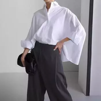 Женская рубашка с длинным рукавом на весну и лето, женская рубашка в корейском стиле свободного покроя большого размера белого цвета с рукавом-накидкой и рукавом «летучая мышь» XL белый