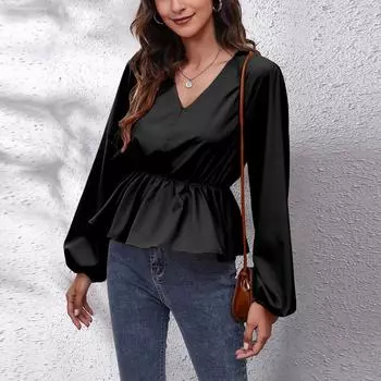 Женская рубашка с длинным рукавом, однотонная талия, V-образный вырез, длинный рукав, футболка, топ L чёрный