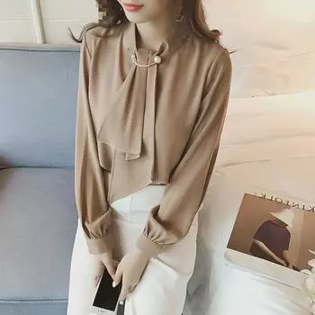 Женская рубашка с длинным рукавом OL Professional Shirt Women Design Sense Niche Chiffon Loose White Blouse Bottom Shirt Temperament Elegant Fashion Top S белый