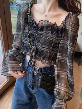 Женская рубашка с длинным рукавом, повседневная шифоновая блузка с рюшами, модные клетчатые топы с квадратным воротником, женские блузки с пышными рукавами, одежда Y2K S чёрный