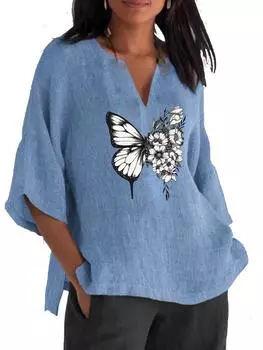 Женская рубашка с длинным рукавом размера 3/4, модный хлопковый льняной топ с V-образным воротником, женские повседневные свободные блузки с принтом 2XL синий