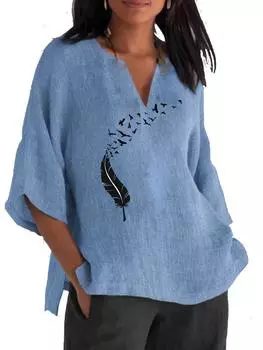 Женская рубашка с длинным рукавом размера 3/4, модный хлопковый льняной топ с V-образным воротником, женские повседневные свободные блузки с принтом 2XL синий