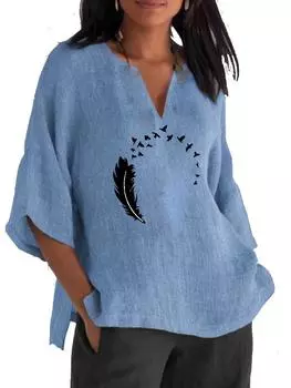 Женская рубашка с длинным рукавом размера 3/4, модный хлопковый льняной топ с V-образным воротником, женские повседневные свободные блузки с принтом 2XL синий