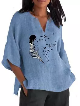 Женская рубашка с длинным рукавом размера 3/4, модный хлопковый льняной топ с V-образным воротником, женские повседневные свободные блузки с принтом 2XL синий