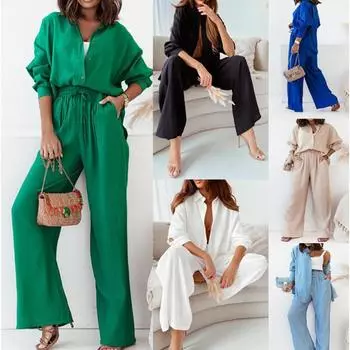 Женская рубашка с длинным рукавом с лацканами, комплекты из двух предметов, свободные широкие брюки, комплект, однотонный спортивный костюм больших размеров, наряды S белый