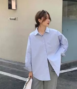 Женская рубашка с длинным рукавом, сине-белая: Корейский стиль, универсальный для весны и осени, многослойная одежда S синий