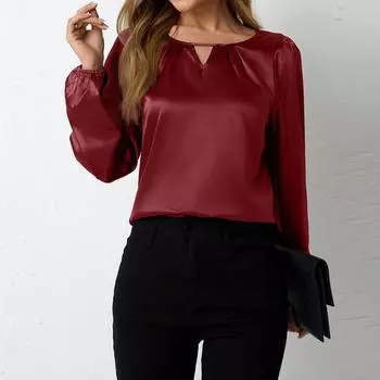 Женская рубашка с длинным рукавом, свободный атласный топ, тисненый кружевной R-образный вырез, шелковая подкладка S винный