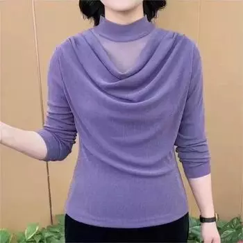 Женская рубашка с длинным рукавом, тонкий размер, большой размер, однотонная, с полувысоким воротником, футболка 6XL