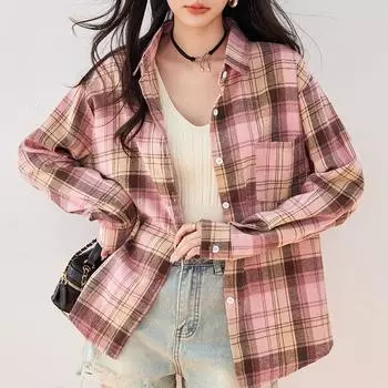 Женская рубашка с длинным рукавом в клетку в стиле ретро, свободный топ, осень-зима S розовый