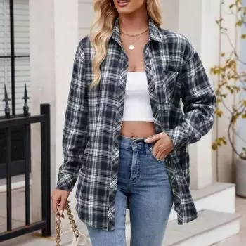 Женская рубашка с длинными рукавами и карманами в стиле пэчворк, топ 2024 года, новая повседневная модная свободная клетчатая блузка для женщин на осень-зиму S тёмно-синий