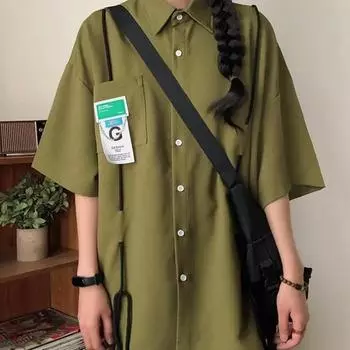 Женская рубашка с длинными рукавами и карманом на шнурке, летняя свободная повседневная женская блузка, однотонный универсальный топ с лацканами M зелёный