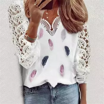 Женская рубашка с длинными рукавами и кружевным воротником, с кружевным принтом, модная повседневная рубашка, белые топы для женщин XXL белый